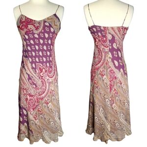 Vintage Y2K 100% Silk Paisley Midi Dress Sz Small Pink Purple Spaghetti Strap